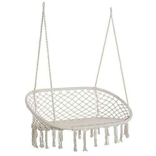 Image of Outsunny 2-Seater Hanging Hammock Chair, Cotton-Polyester Blend Macrame Hanging Rope Chair with Metal Frame, for Patio, Garden, Balcony, Living Room, Cream White