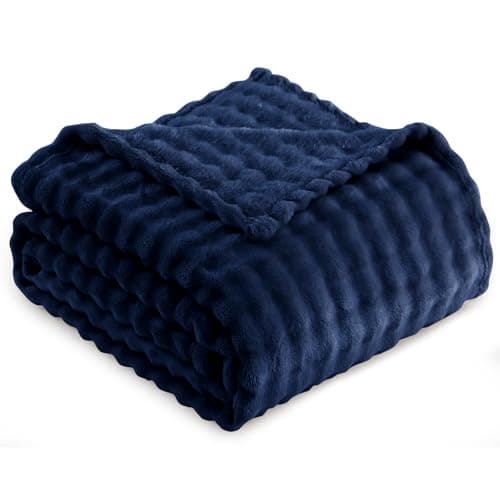 Image of RUIKASI Fleece Throw Blanket for Sofa - Navy Blue Single Fluffy Bubble Throws Cozy Blanket with Reversible Design, Throw 130x150 cm