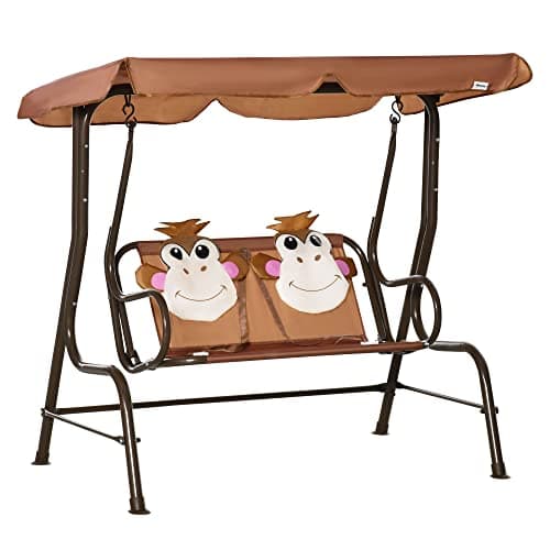 Image of Outsunny 2 Seater Kids Garden Swing Seat, Children Outdoor Patio Lounge Chair for Gardens w/Adjustable Awning, Seatbelt, Monkey Pattern - Brown