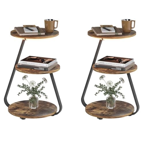 Image of ARTETHYS Side Table Set of 2, Bedside Small Coffee Table with 3 Color LED Lights, End Table with 3 Tier Storage Shelves for Living Room Bedroom, Rustic Brown