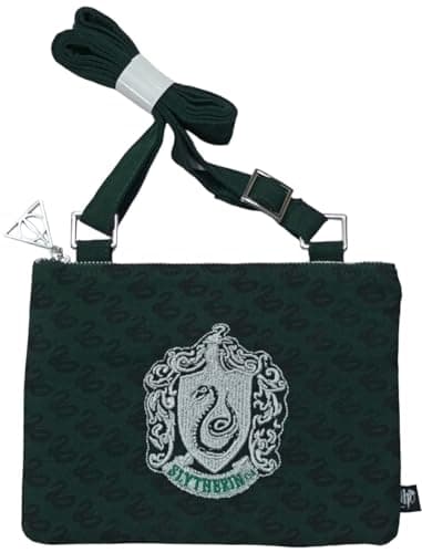 Image of Licensed Harry Potter Hogwarts House Cross Body Messenger Bag – Adjustable Strap Shoulder Bag – Gryffindor, Slytherin, Ravenclaw, Hufflepuff & Hogwarts Crest (Green-Slytherin)