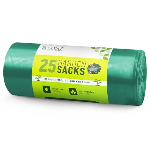 Image of EcoBag - 25 Pack Extra Strong Heavy Duty Garden Sacks - 80L - 30 Microns - Recyclable, Leak Resistant & Eco-Friendly, Durable Garden Waste Disposal Bags for Household & Commercial Use (700x860mm)