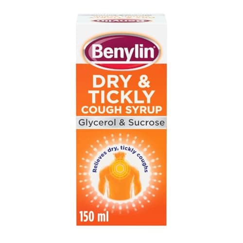 Image of Benylin Dry and Tickly Cough Syrup (1x 150ml), Cough Medicine for Adults and Children, Glycerol and Sucrose Soothing Syrup Relieves Irritated and Sore Throat
