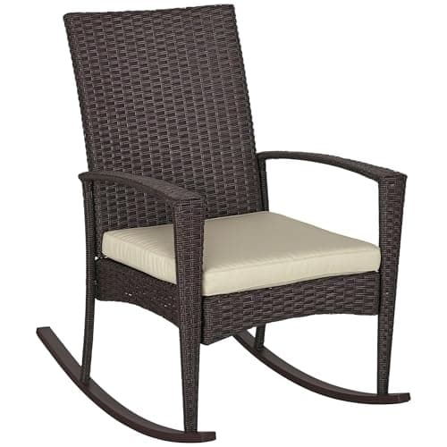 Image of Outsunny PE Rattan Garden Rocking Chair, Outdoor Rocking with Cushion, 160 KG Capacity Wicker Garden Armchair Rocker with Metal Frame for Patio, Porch, Balcony, Brown