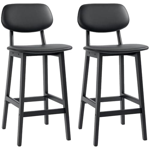Image of HOMCOM Bar Stools Set of 2, Breakfast Bar Chairs, PU Leather Upholstered Kitchen Stools with Backs, Footrests and Solid Wood Legs, Black