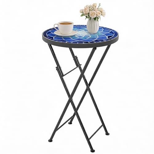 Image of Outsunny Mosaic Outdoor Garden Table, 35.5cm Round Folding Coffee Table with Metal Frame for Balcony Terrace, Navy Blue