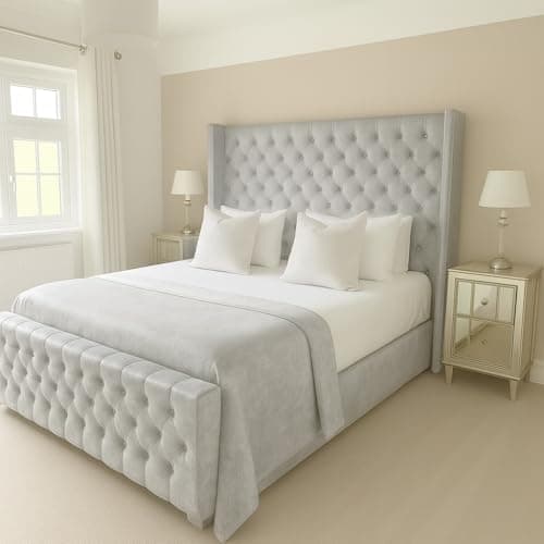 Image of Bespoke Chesterfield Plush Velvet Cannas Wingback Bed - Mattress/Gas Lift Options - UK Made - Double/King/Super King (Silver Plush, Double 4ft6 Bed Frame)