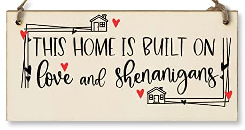 Image of The Plum Penguin Handmade Wooden Hanging Wall Plaque Home Built on Love and Shenanigans Fun Sentimental Decorative Sign Family