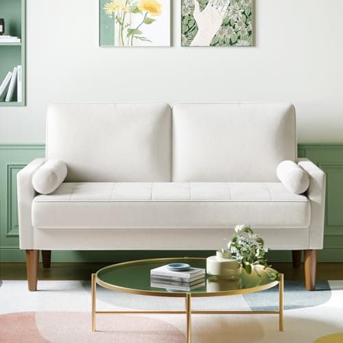Image of Vesgantti Small 2 Seater Sofa Beige, Comfy Couch with Spring Cushion, Velvet Sofa with Wood Legs, Modern Love Seat Sofa 2 Seater for Living Room, Small Couch for Bedroom, Beige Office Couch