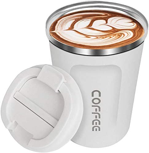 Image of Insulated Coffee Cup, Senelux Double Walled Insulated Stainless Vacuum Coffee Travel Mug with Leakproof Flip Lid Keep Coffee Tea Hot and Soft Drink Cold 13oz 380ml Cream