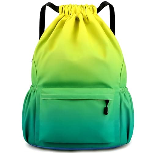 Image of Tesmien Drawstring Bags,Waterproof Swimming Bags Unisex Sports Backpacks for Kids Adult, Large Drawstring Sackpacks Bags for School Gym Sports Travel Swimming-Yellow Green