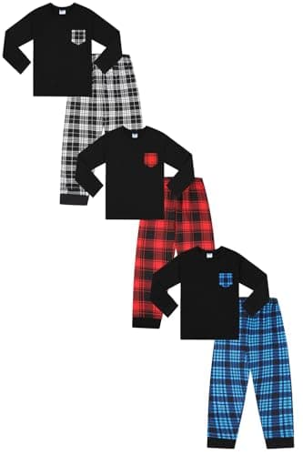 Image of ThePyjamaFactory Boys Black and White Black and Red Black and Blue Check Pocket 3 Pack Long Pyjamas PJs For Kids (14-15 Years)