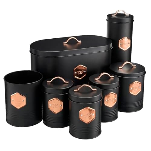 Image of Cooks Professional 7 Piece Tea Coffee Sugar Bread Biscuit Pasta & Utensil Cannister Set | Labelled Storage Containers Tins with Airtight Lids for Kitchen Accessories & Essentials | Black & Copper