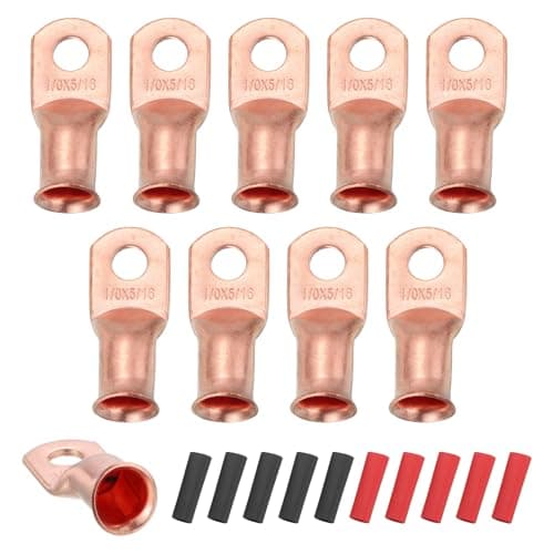 Image of sourcing map 10pcs 1/0 AWG M8 Battery Lugs Ring Terminals, 5/16" 8mm Stud Crimp Wire Terminal Connector End Copper, 3:1 Heat Shrink Tubing, Gold