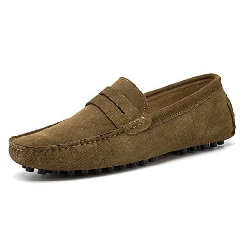 Image of Go Tour Men's Penny Loafers Moccasin Driving Shoes Slip On Flats Boat Shoes, Khaki, 9.5