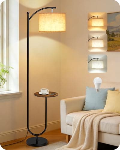Image of GOEBLESON Floor Lamp with Storage Shelf, 3 Color Temperatures, Memory Function, Adjustable Head, Linen Shade, Foot Switch Control, for Living Room, Bedroom, Rustic Brown and Beige ZFE22LDK05