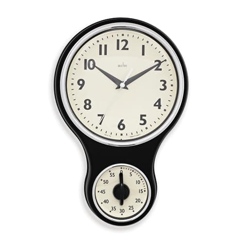 Image of Acctim Kitchen Time Wall Clock Timer Quartz Retro Style Domed Glass Lens Black 20cm