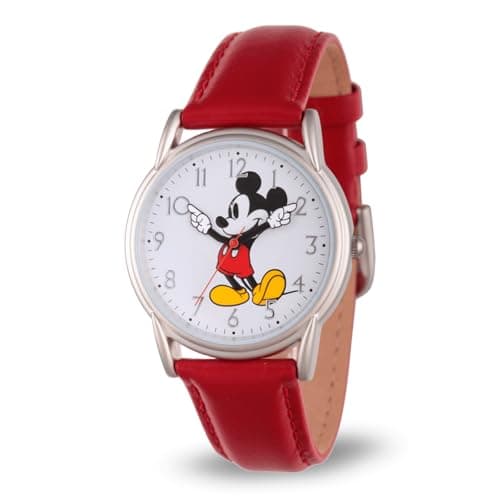 Image of Disney Mickey Mouse Adult Classic Cardiff Articulating Hands Analog Quartz Leather Strap Watch, Red