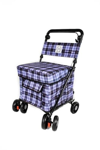 Image of The Lightweight Walk and Rest Shopping Trolley with Padded Seat & Backrest/Walking Trolley/Mobility Trolley/Rollator/ 6 Wheel/Mobility Aid (FULLY ASSEMBLED READY TO USE) (Lilac Check)