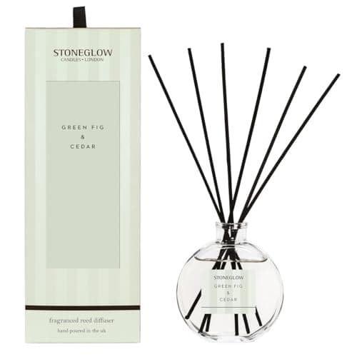 Image of Stoneglow Modern Classics Green Fig & Cedar Scented Reed Diffuser 120ml with 12 Rattan Reed Diffuser Sticks, Orange Grapefruit Woods & Coconut Milk, Lasts 10 Weeks, Refillable Home Air Freshener