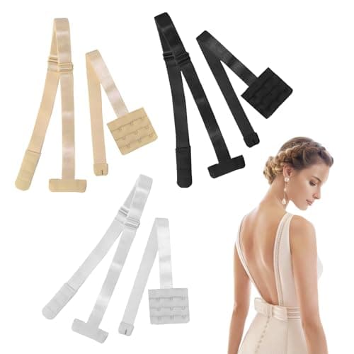 Image of KWJEIULSOQ 3 Pairs Low Back Bra Converter 3 Hooks,Adjustable Bra Straps Extender Low Back,Elastic Bra Low Back Converter Bra Accessories Women for Backless Dress Wedding Party,Black White Skin Colour