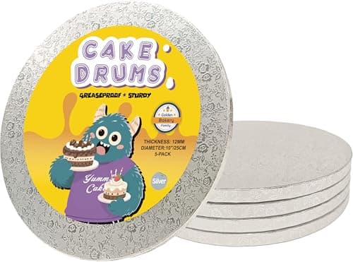 Image of GoldenBakeryFamily 10'' Cake Board, 12mm Thick Smooth Cake Drums, Silver Foil Covered, 10 Inch Round Strong Cake Boards for Cake, Birthday & Party Treats, Pack of 5