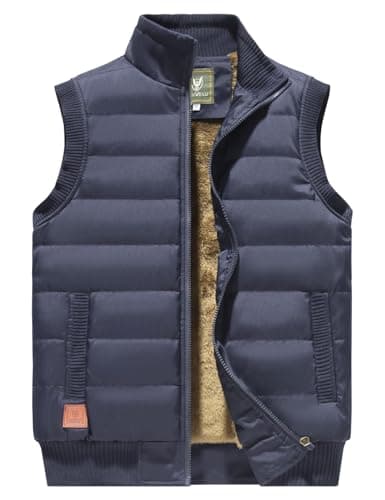 Image of Sukany Men's Warm Vest Winter Fleece Lined Stand Collar Jacket Outdoor Work Sleeveless Zipper Padded Puffer Waistcoat Thermal Outerwear Blue M
