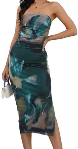 Image of Maeau Women's Soft Mesh Dress Slim Fit Bodycon Dresses Club Strapless Outfits Ruched Slit Outfit Vacation Tube Dress Green M