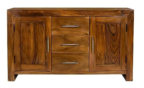 Image of Oak and Pine Online Solid Sideboard Indian Cabinet 2 Door 3 Drawer in Cube Petit Dark Sheesham Living Room Furniture