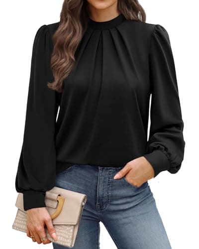 Image of WIHOLL Blouses for Women Long Sleeve Tops Mock Neck Pleated Shirts Ladies Tops Business Loose Fit Size 18-20 Black