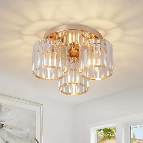 Image of ZYDTRIP Crystal Chandeliers Ceiling Light, 3-Lights Crystal Ceiling Lights Living Room, Modern Gold Semi Flush Light Fittings for Bedroom, Hallway, Bathroom, Foyer, Kitchen Light Fixture