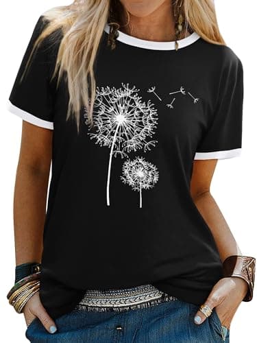 Image of Dresswel Women Dandelion T-Shirt Cute Graphic Print Crew Neck Short Sleeve Summer Tops Basic Tshirts(4-Black,2XL)