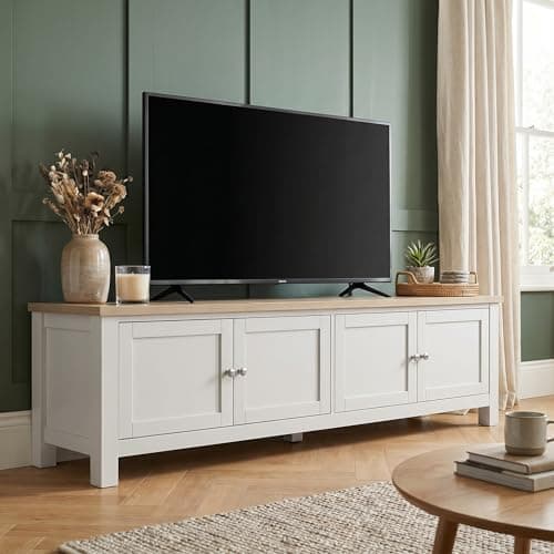 Image of Blisswood Large 180cm TV Unit for 55–80 Inch TVs, Traditional Style Painted TV Stand with Double Door Storage & Adjustable Shelves, Oak Effect Top, Wooden Entertainment Unit for Living Room, White