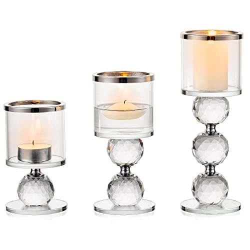 Image of Sziqiqi Crystal Pillar Candle Holder Set of 3, Clear Glass Candlestick Holders Tealight Candle Stand Candlelight Dinner Table Centerpiece for Wedding Gifts Mantlepiece Fireplace Decoration, Silver Rim