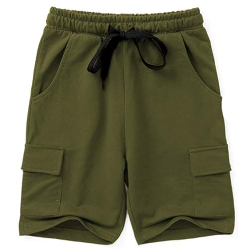 Image of Kids4ever Boys Shorts Kids Solid Cotton Army Green Sport Jogger Shorts Pants Jersey Shorts Summer Casual Elastic Waist with Pockets for Sports, School, Football, Gym Sweat Shorts 7-8 Years