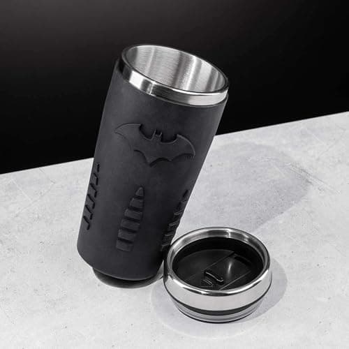 Image of Paladone Batman Travel Mug with Silicone Grip Sleeve – 450ml (15 fl oz) Double-Walled Reusable Coffee Cup – Officially Licensed DC Comics Drinkware