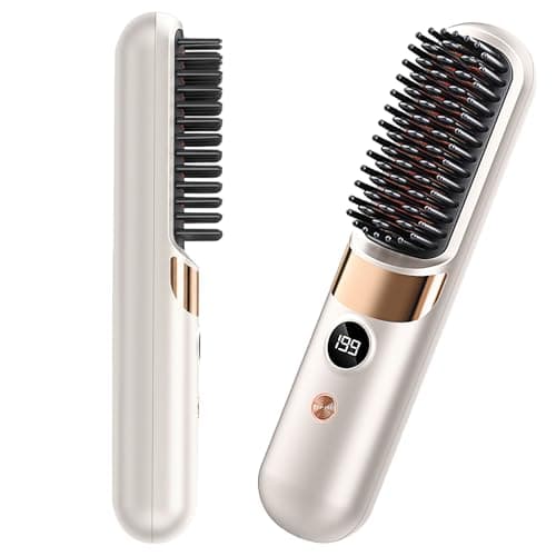 Image of HRYYDS Go Brush Pro UK Cordless Hair Straightener Brush - Portable Rechargeable Ceramic Styling Brush with 4 Adjustable Heat Modes & LED Display, Perfect for Travel & Everyday Use (Cream White)