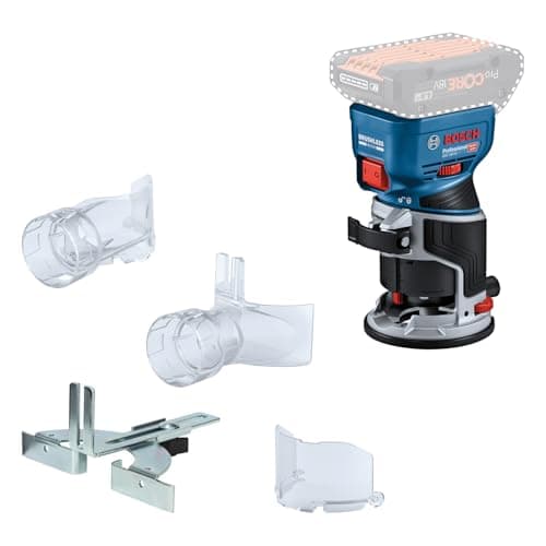Image of Bosch Professional 18V System Cordless Router GKF 18V-8 (incl. Parallel Guide, 2X Routing vac adaptors, Chip Shield, ¼” (6.35mm) Collet, Wrench, Without Battery/Charger)
