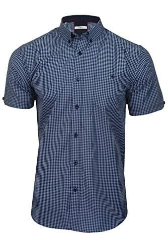 Image of Xact Men's Gingham Check Shirt with Button-Down Collar - Short Sleeved (Denim Blue/Navy) XXL
