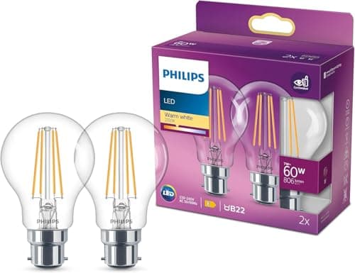 Image of Philips LED Premium Classic A60 Clear Light Bulb 2 Pack [B22 Bayonet Cap] 60W, Warm White 2700K, Non Dimmable