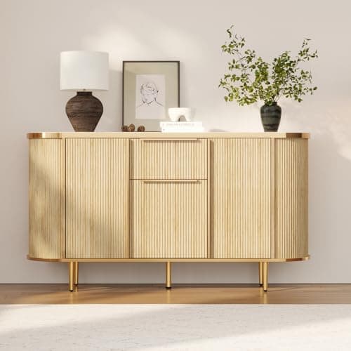 Image of DEZAGCE Sideboard with Marble Texture Tabletop, Curved Buffet Cabinet with Fluted Design & Golden Edge Trim, Storage Cabine with Adjustable Shelf for Living Room, Dining Room, Natural