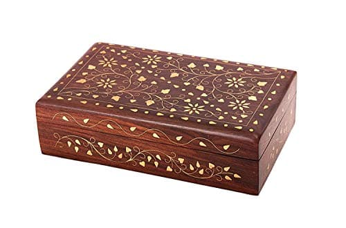 Image of Ajuny Hand Carved Wooden Decorative Jewelry Storage Box with Floral Carvings Design Brass Inlay Keepsake Travel Treasure Chest Trinket Holder Organiser Great Gifts