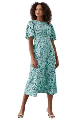 Image of Dorothy Perkins Green Animal Flutter Sleeve Shirred Waist Midi Dress, 14, Green