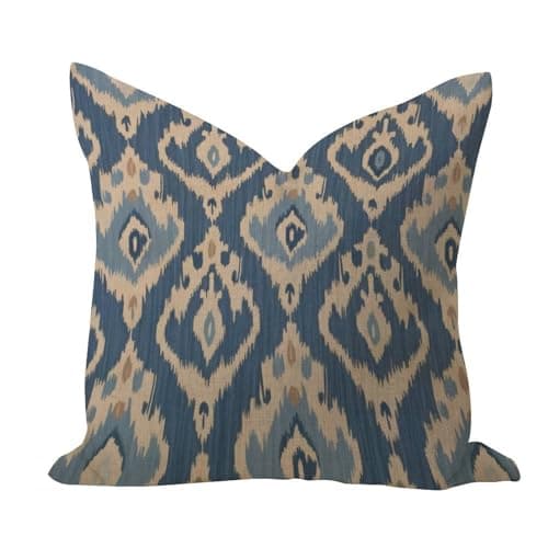 Image of WSDESDEC Ikat Blue Throw Pillow Covers 16x16in Burlap Linen Farmhouse Pillow Shell Blue Fresco Euro Sham Square Throw Cushion Case for Outside Couch Bed Porch Farmhouse Decor