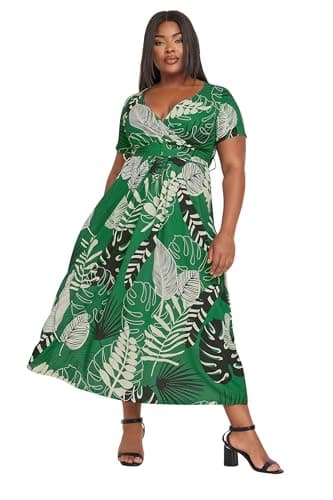 Image of Yours Curve Leaf Print Woven Wrap Maxi Dress - Women's - Plus Size Curve Green