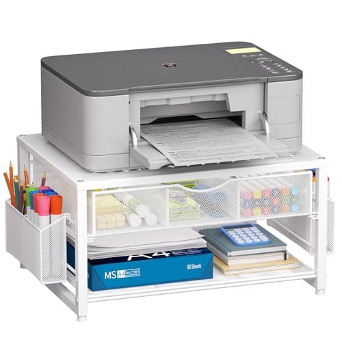 Image of Marbrasse 2-Tier Printer Stand and Storage,Monitor Stand with Drawer and 2 Pen Holders,Metal Office Supplies Organiser,Multi-Purpose Desk Organizer for Fax Machine Scanner Computer (White)