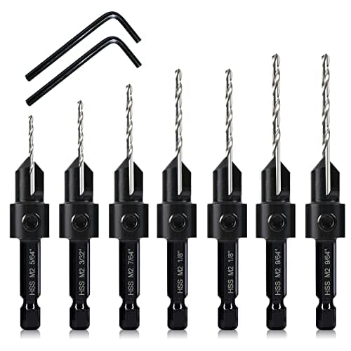 Image of 7Pcs M2 Countersink Drill Bit Set, 3in1 Wood Pilot Countersink Drill Bits Drilling #4#6#8#10#12 Screws Holes, with Adjustable Depth Stop, Quick Release Hex Shank, 2-Allen Wrench