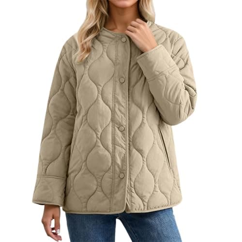 Image of Generisch Quilted Jacket Women's Lightweight Quilted Jacket with Button Placket Autumn Winter Coats Puffer Padded Jackets Basic Warm Winter Coat Casual Transition Jacket Softshell Jacket, khaki, M