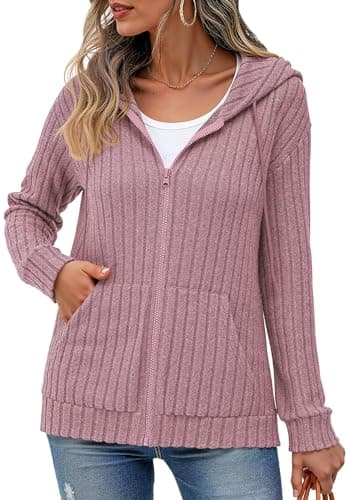 Image of YGJIEGENG Summer Oversized Hoodies for Women UK Zip up Hooded with Pockets Womens Long Sleeve Casual Lightweight Solid Hooded Cardigan Sweatshirt for Autumn Winter, Pink, XL
