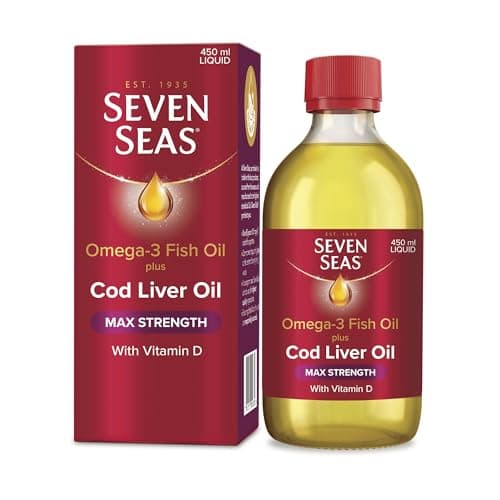 Image of Seven Seas Omega-3 Fish Oil Plus Cod Liver Oil MAX Strength, with Omega-3, Vitamins D and Vitamin E. Food Supplement for Brain2 & Body1-4 Support, 450ml Liquid